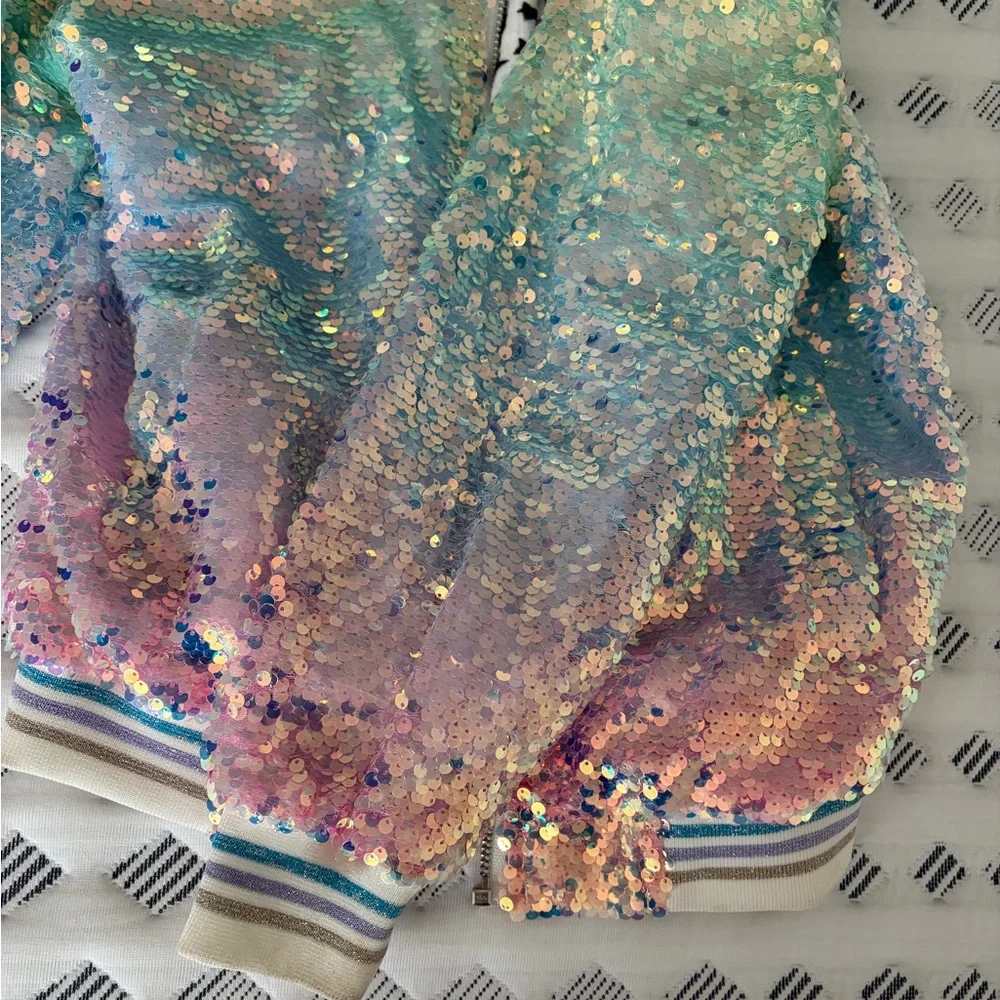 Lola + The Boys Iridescent Sequin Pastel Bomber Jacket - Pink, Blue, Green - Picture 3 of 4
